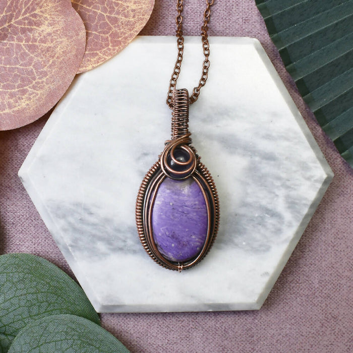 Wire Wrapped Copper Pendant With Purpurite and Amethyst