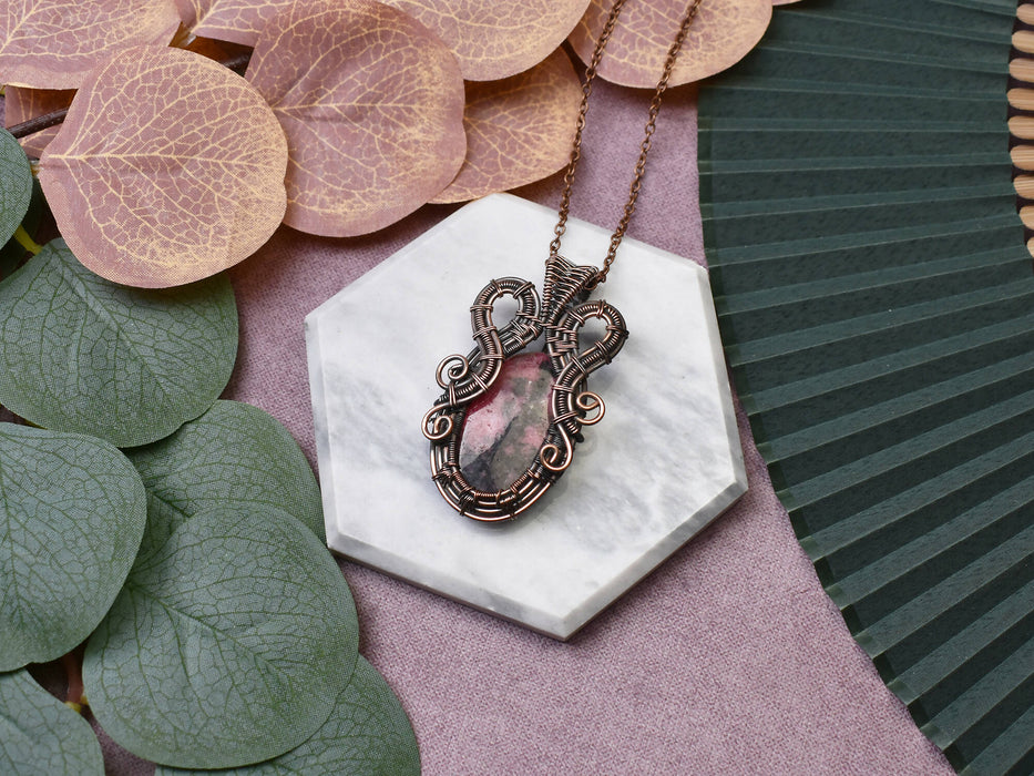 Wire Wrapped Copper Pendant With Rhodonite