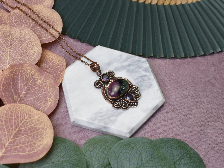 Copper Pendant with Ruby Zoisite and Amethyst