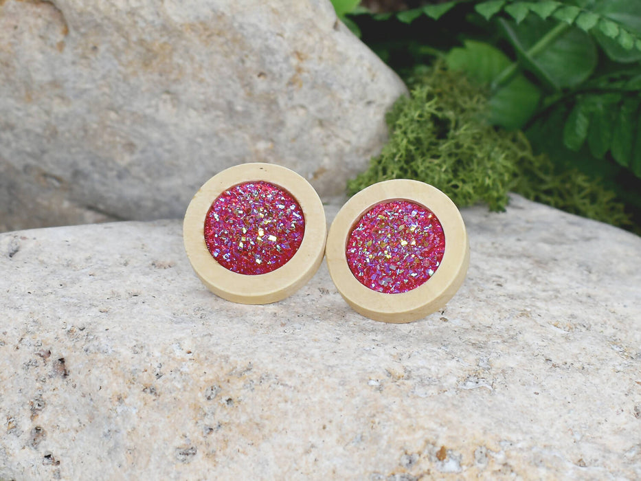 Wood Earrings With Resin Druzy #14