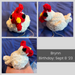 Collage of images of Brynn the chonky chicken plushie. She's a mini version of Ainsley. Her birthday is listed as September 8, 2023.