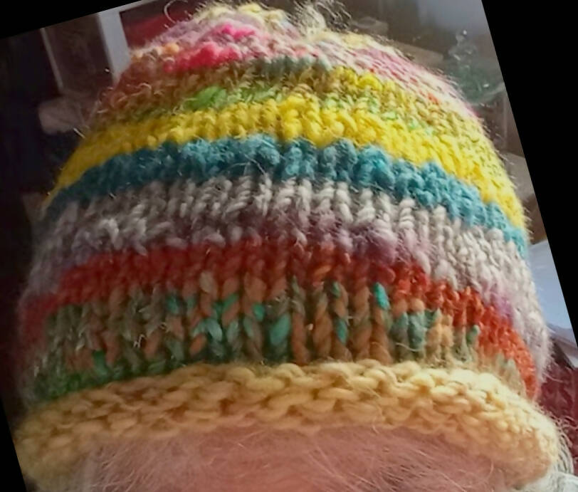 Bright Rainbow Striped Handknit Hat in Handspun Wool Yarn