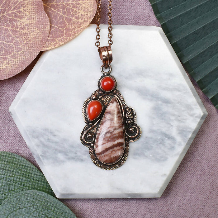 Copper Pendant with Coconut Jasper and Coral