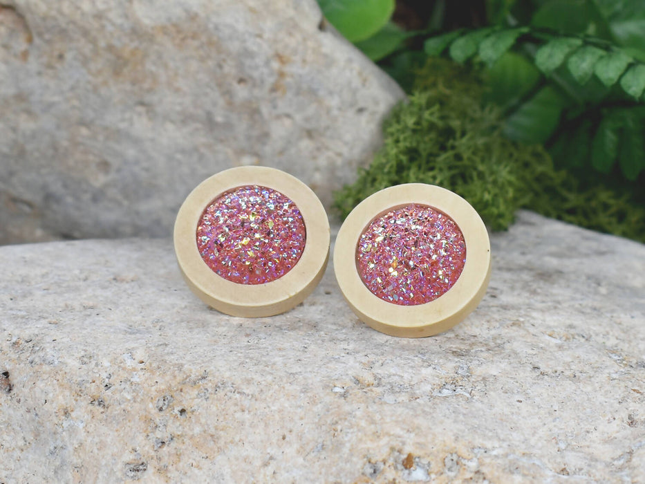 Wood Earrings With Resin Druzy #17
