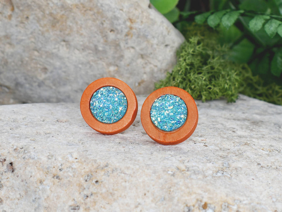 Wood Earrings With Resin Druzy #4