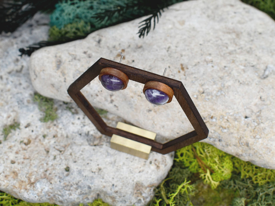 Wood Stud Earrings with Amethyst #89